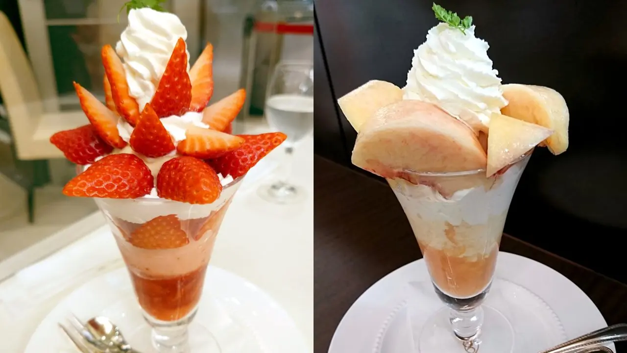 千疋屋総本店 クイーンストロベリーパフェ ピーチパフェ