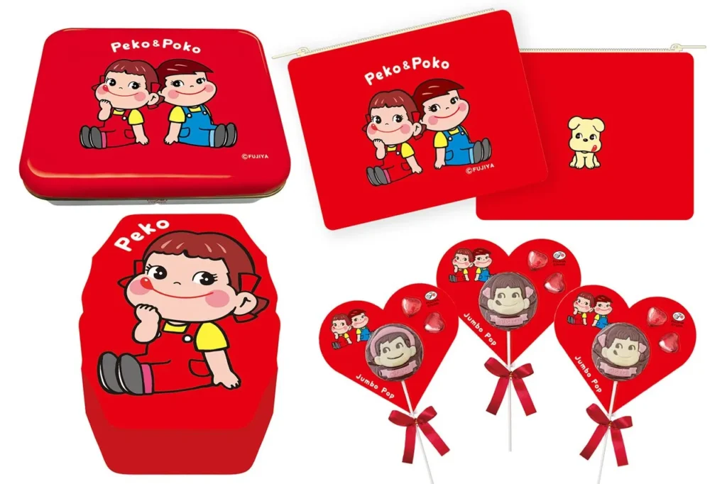 左上から時計回りにペコポコチョコ缶、ペコポコチョコポーチギフト、ペコちゃんジャンボポップチョコ、ペコちゃんハートクッキーBOX
