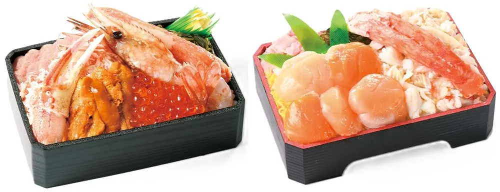 左）＜札幌ひぜん＞豪快海鮮10種盛り 海宝弁当／右）＜食堂海のや＞たらば蟹づくしとほたて貝柱の豪華ざんまい弁当