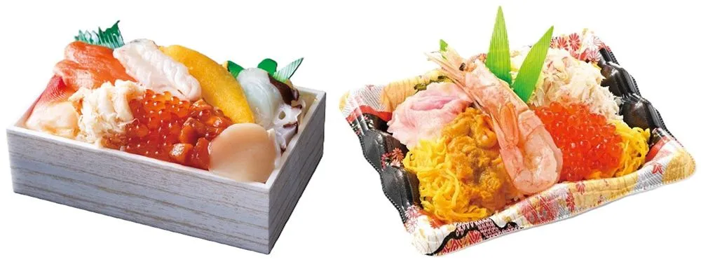 左）＜今井商店＞海の幸お特盛弁当／右）＜食堂海のや＞みさき弁当